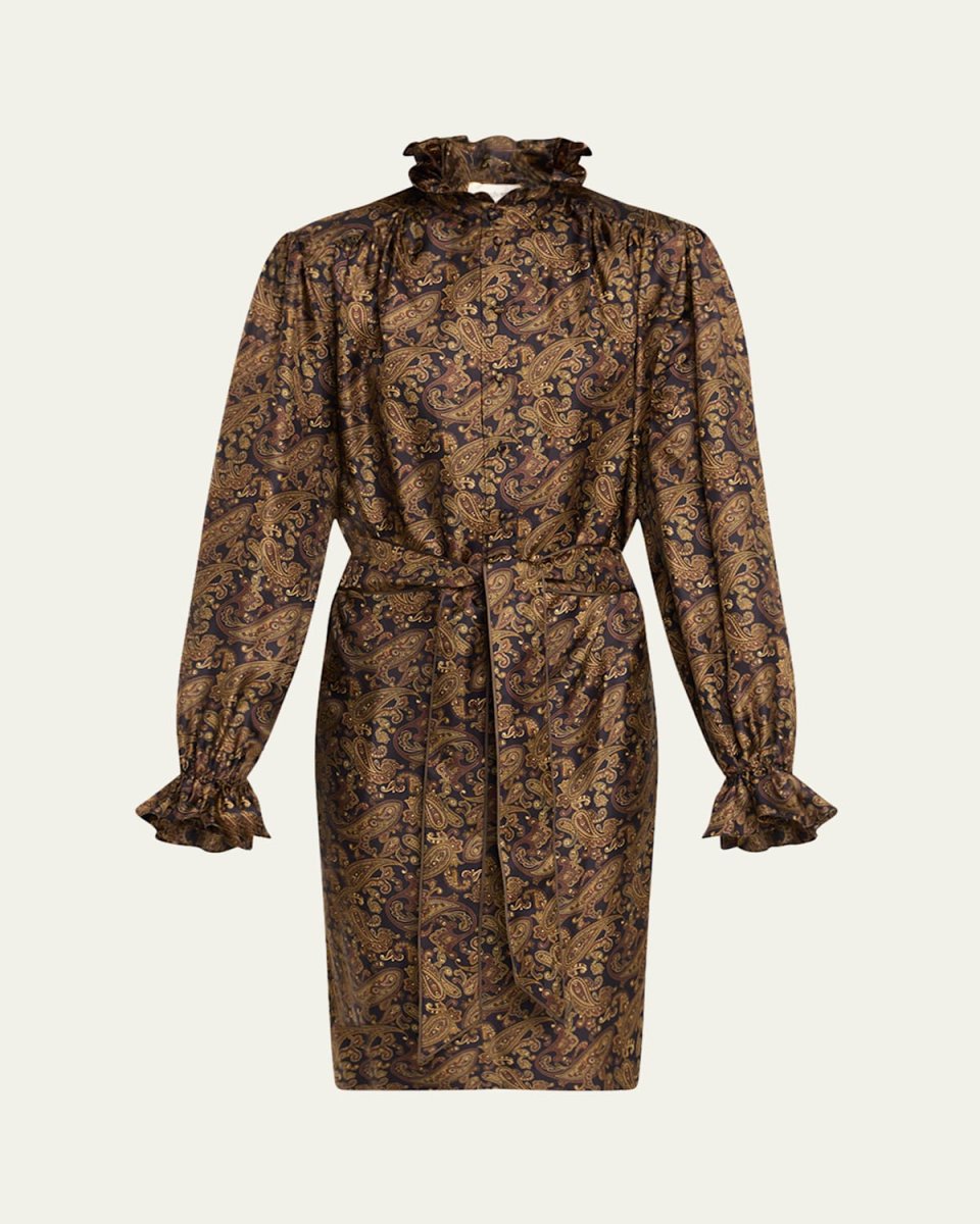 High-Neck Paisley-Print Silk Belted Dress